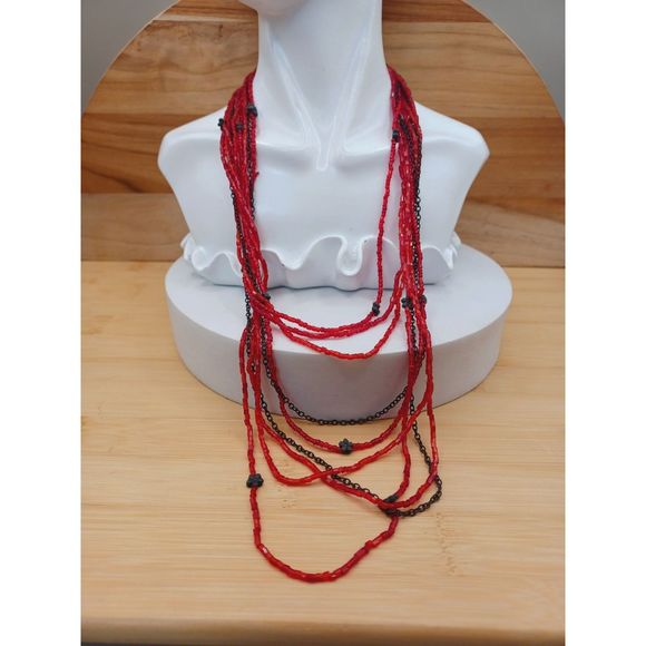 Vintage Multi Strand Layered Red Seed Beads and Bronze Color Flower Necklace - Picture 8 of 9